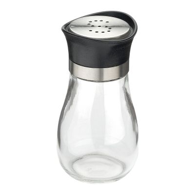 Salzstreuer Glas/Edelstahl Life Style: klarer Glas-Salzstreuer mit schwarzem Oberteil, Edelstahlring und gelochter Streufläche.