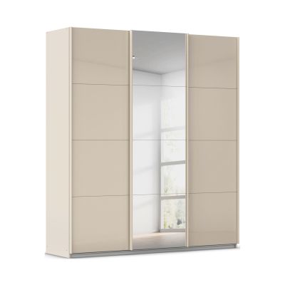 Moderner Schwebetürenschrank mit Glasfront in Champagner und mittiger Spiegeltür in schlichtem Design