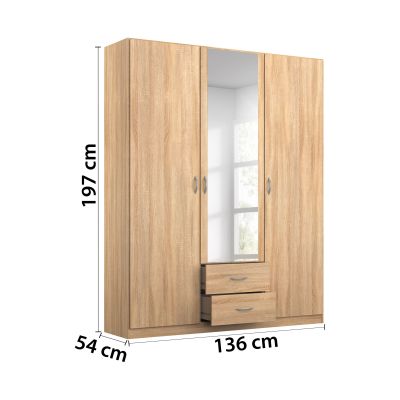 Kleiderschrank in Dekor Eiche Sonoma mit Spiegeltür und zwei Schubladen, Maßangaben Höhe 197 cm, Breite 136 cm und Tiefe 54 cm