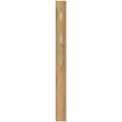 Frontalansicht eines schmalen Garderobenpaneels aus Holzoptik mit drei eingelassenen Metallhaken