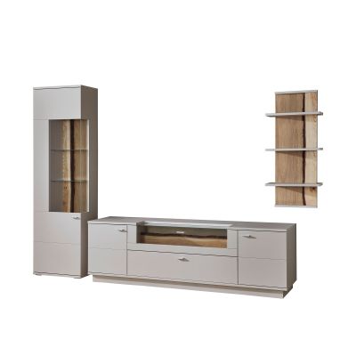 Moderne Wohnkombination mit Vitrine Lowboard Wandboard und Hängeregal in Weiß und Holzoptik