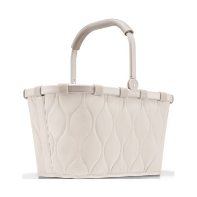 Einkaufskorb von Reisenthel, Modell Carrybag, in hellem Steinbeige mit Steppstruktur, frontal mit hochgestelltem Tragegriff und Aluminiumrahmen