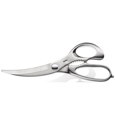 Silbermatte Geflügelschere aus Metall mit gebogener Klinge und zwei Grifföffnungen auf weißem Hintergrund