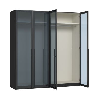 Drehtürenschrank mit teilweise geöffneten Glastüren und sichtbarem Innenraum