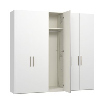 Drehtürenschrank mit geöffneter mittlerer Tür und sichtbarem Innenraum mit Fachboden und Kleiderstange