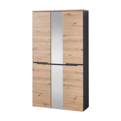 Hoher Schrank in Holzoptik mit mittigem Spiegelelement und dunklen Seitenflächen, frontal leicht seitlich aufgenommen.
