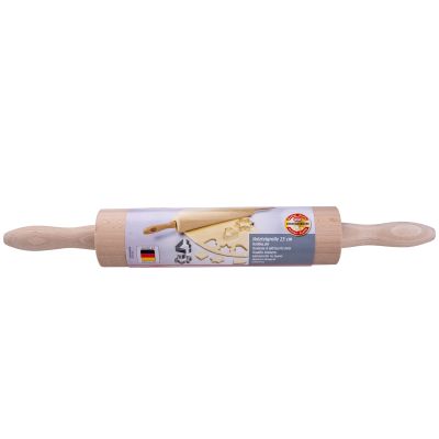 Teigrolle aus Holz mit Verpackung und Produktinformationen