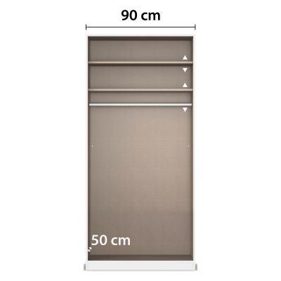 Innenansicht eines Kleiderschranks mit Fachböden und Kleiderstange sowie Maßangaben von 90 cm Breite und 50 cm Tiefe
