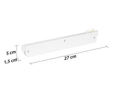 Weißer Schwebetürendämpfer in rechteckiger Form mit Schrauben und Kunststoffteilen, daneben Maßangaben 27 cm Länge, 5 cm Höhe und 1,5 cm Tiefe