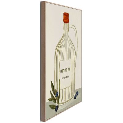 Seitliche Schrägansicht des Wandbilds „Olive Oil Bottle“, 30 × 40 cm; Profil, Kante und Tiefe des Bildes sind erkennbar.