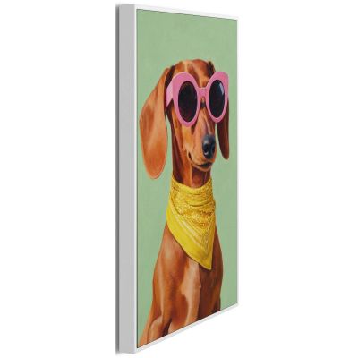 Seitliche Schrägansicht des Wandbilds „Funny Dachshund“, 20 × 30 cm; Profil, Kante und Tiefe des Bildes sind erkennbar.