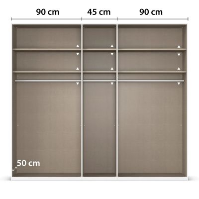 Innenansicht eines 5-türigen Kleiderschranks mit drei Fächern, Kleiderstangen und Einlegeböden, mittleres Fach 45 cm breit