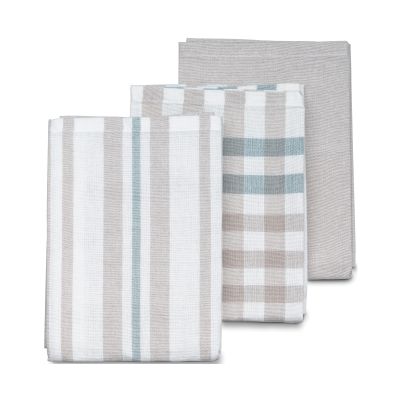Dreiteiliges Geschirrtücher Set mit gestreiftem kariertem und einfarbigem Tuch übereinander angeordnet