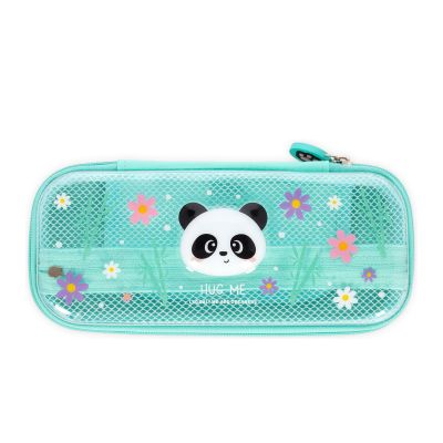 Mintgrünes Federmäppchen im Panda-Design, geschlossen in gerader Vorderansicht gezeigt.
