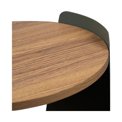 Nahaufnahme der oberen Holzplatte eines runden Beistelltischs mit sichtbarer Maserung und grünem, leicht gebogenem Metallrand