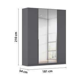 Grau-Metallicer Kleiderschrank mit Spiegeltüren und Maßangaben Breite 181 cm, Höhe 210 cm und Tiefe 54 cm