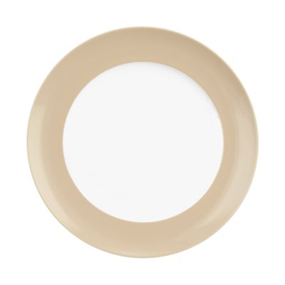 Teller in Beige und Weiß. runder beiger Rand mit weißer Mitte. Ansicht: Draufsicht.