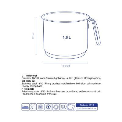 Technische Darstellung des Milchtopfs mit eingezeichneten Abmessungen, Volumenangabe und Symbolen zu den Produkteigenschaften