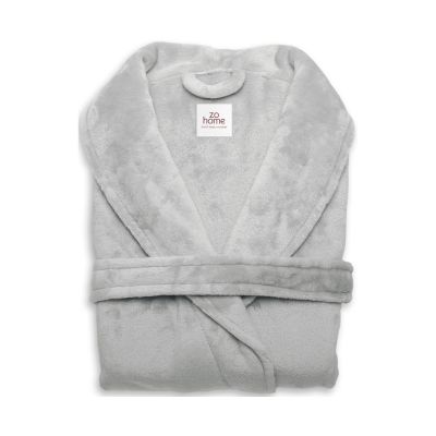 Cara Bademantel in Pearl Grey, Größe S: zusammengefalteter Bademantel aus einfarbigem, flauschig wirkendem Stoff, mit sichtbarem Schalkragen und Bindegürtel.