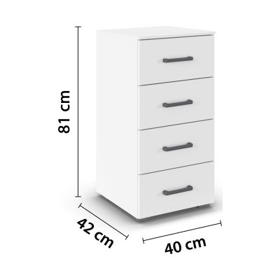 Weiße Kommode mit Maßangaben Breite 40 cm, Höhe 81 cm und Tiefe 42 cm mit vier Schubladen und Griffen