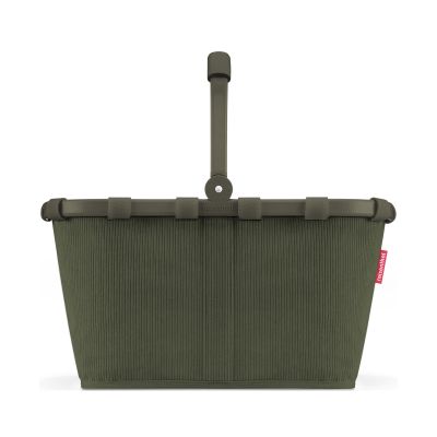 Einkaufskorb von Reisenthel, Modell Carrybag, in Dunkelgrün aus geripptem Cord, von hinten mit hochgestelltem Griff.