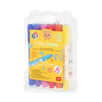 Zwölf Wachsmalstifte mit Tiermotiven, als Zwölfer-Set in einer transparenten Kunststoffbox gezeigt.