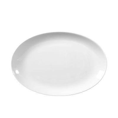 Servierplatte in Weiß. Darstellung: Draufsicht. Merkmale: oval und flach mit schmalem Rand.