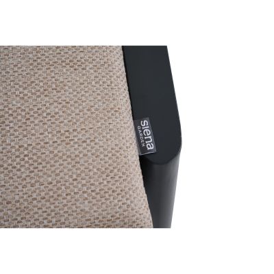 Detailaufnahme der Stoffkante mit sichtbarem „Siena Garden“-Label am beigen Polster des Hockers.