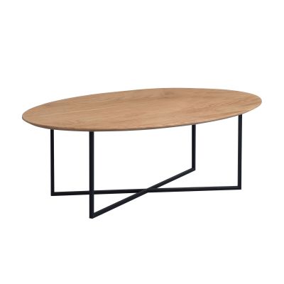 Ovaler Couchtisch mit glatter Holzplatte und filigranem schwarzen Metallgestell in Kreuzform
