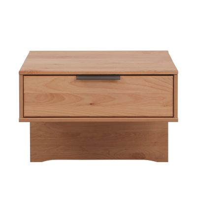 Nachttisch in natürlicher Holzoptik mit einer Schublade und Metallgriff auf stabilem Sockel