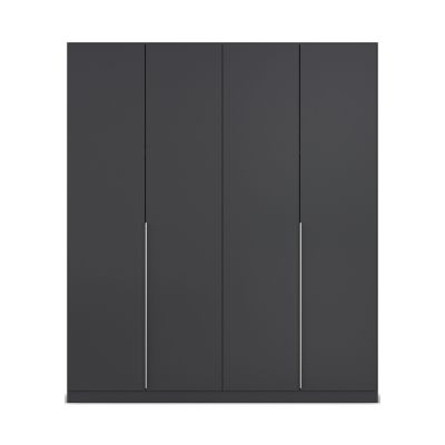 Frontansicht eines grau-metallicen Kleiderschranks mit vier Türen und geradlinigem, minimalistischem Design