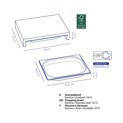 Schematische Zeichnung des erhöhten Schneidebretts mit herausziehbarer Schale eingezeichneten Abmessungen und ergänzenden Produktangaben