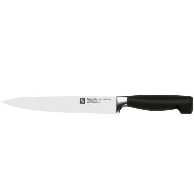 Fleischmesser mit glatter Klinge und Griff, Serie Vier Sterne von ZWILLING, Klingenlänge 200 mm, freigestellt auf weißem Hintergrund.