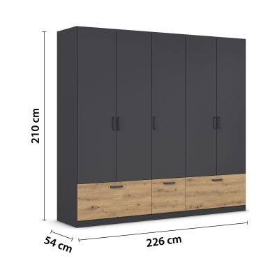 Drehtürenschrank mit Korpus in Schwarz-Grau und Front in Schwarz-Grau mit Holzabsetzung unten, in Schrägansicht mit eingeblendeten Maßen.