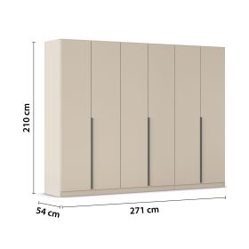 Champagnerfarbener 6-türiger Kleiderschrank mit Maßangaben Breite 271 cm, Höhe 210 cm und Tiefe 54 cm