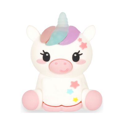 Rosa Leuchtstift mit Einhorn-Spitzerbehälter, als Tierfigur mit integriertem Stift- und Spitzerbehälter frontal dargestellt.
