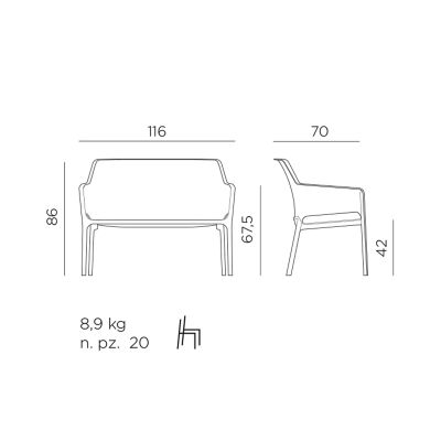 Technische Zeichnung einer Gartenbank mit Armlehnen, von vorne und von der Seite dargestellt. Die Maße sind mit 86 cm Höhe, 116 cm Breite, 70 cm Tiefe, 67,5 cm Armlehnenhöhe und 42 cm Sitzhöhe angegeben. Zusätzlich ist das Gewicht mit 8,9 kg und eine Stap
