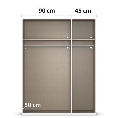 Innenansicht eines 3-türigen Kleiderschranks mit zwei Bereichen, Einlegeböden und Kleiderstangen, Breite 90 cm und 45 cm