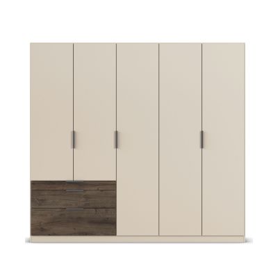 Drehtürenschrank in Champagner mit Absatz in Oak Dunkel, in frontaler Ansicht dargestellt.