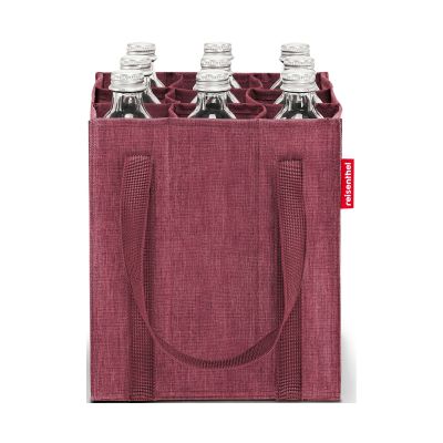Flaschentasche von Reisenthel, Modell Bottlebag, in Bordeauxrot mit melierter Struktur, frontal mit mehreren eingesetzten Getränkeflaschen.