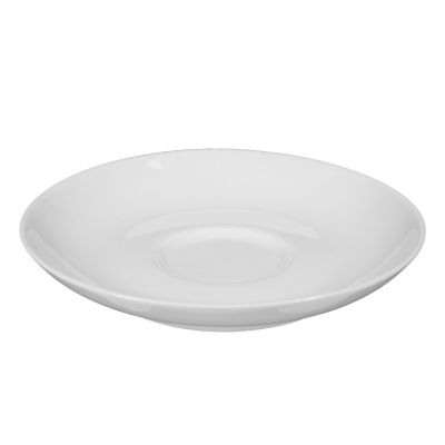 Untertasse in Weiß; rund mit mittiger Tassenvertiefung. Ansicht: schräge Ansicht von vorn.