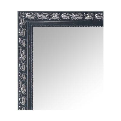 Spiegel Sonja in Schwarz-Silber, als Nahaufnahme von Rahmen und Spiegelkante; Maße ca. 55 x 70 x 3,5 cm.