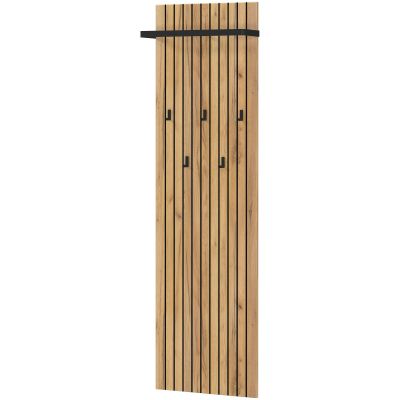 Garderobenpaneel aus Holz in Eiche-Optik mit schwarzen Haken.