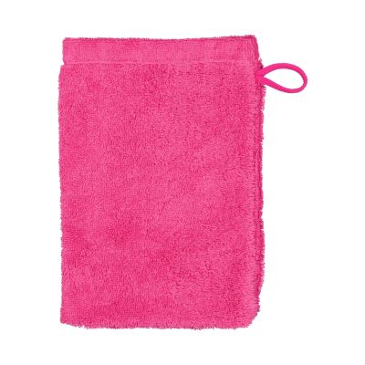 Waschhandschuh in der Farbe Pink, frontal auf weißem Hintergrund mit seitlicher Aufhängeschlaufe und gleichmäßiger Frotteeoberfläche.