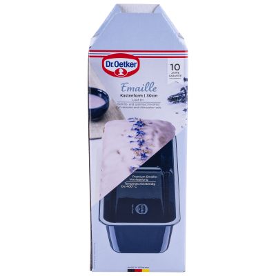 Verpackung der Emaille Kastenform 30 cm mit Abbildung eines Kuchens und Produktdetails