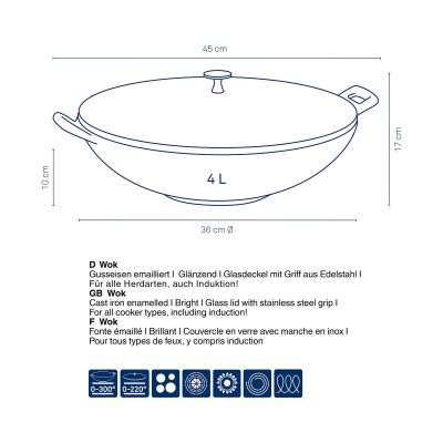 Schematische Darstellung des Woks mit Glasdeckel eingezeichneten Abmessungen und Symbolen zu den Verwendungsmöglichkeiten