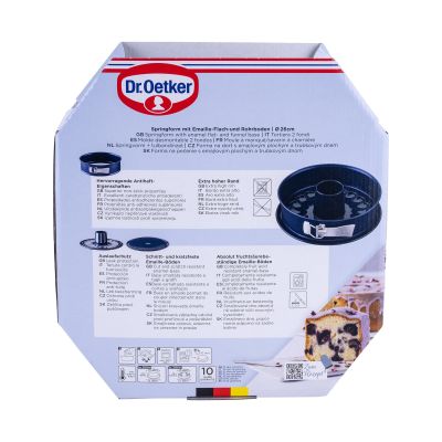 Rückseite der Verpackung zeigt Funktionen der Springform 26 cm mit Rohrboden von Dr Oetker