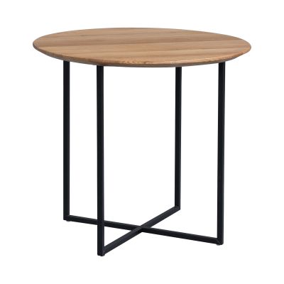 Runder Beistelltisch mit heller Holzplatte und schwarzem Metallgestell in überkreuzter Form