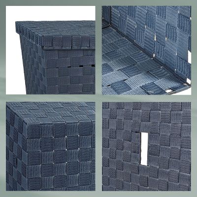 Collage mit Detailansichten von blauer Wäschebox Flechtstruktur Grifföffnung Naht und Materialoberfläche