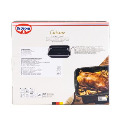 Rückseite der Verpackung eines Emaille Bräters mit Produktinformationen